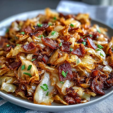 Savory fried cabbage with crispy bacon and sweet caramelized onions, perfectly seasoned.