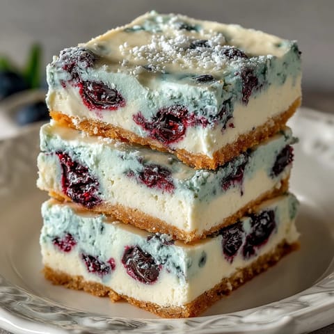 Creamy No-Bake Lemon Blueberry Cheesecake Bars with vibrant fruit swirls.