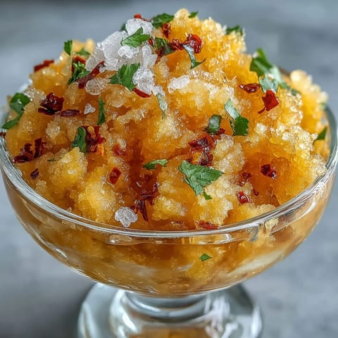 Vibrant mango granita with savory chili crisp, a refreshing frozen dessert.