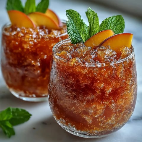 Refreshing Peach Iced Tea Slush Cups with juicy peaches and mint garnish.