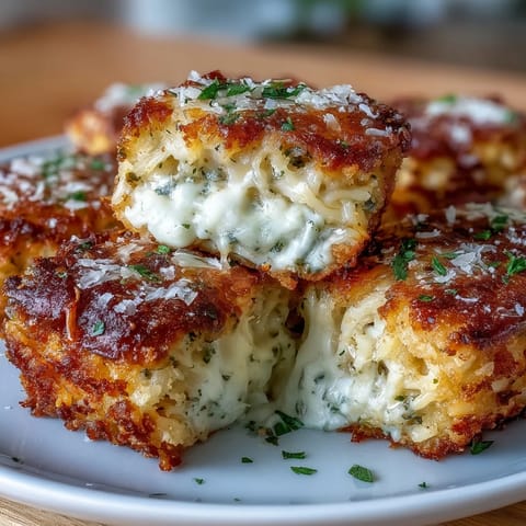 Golden, crispy leftover spaghetti pie bites with marinara for dipping.