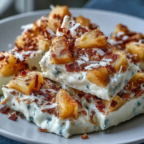 Picture creamy Pineapple Tajín Frozen Yogurt Bark, dotted with sweet pineapple chunks.