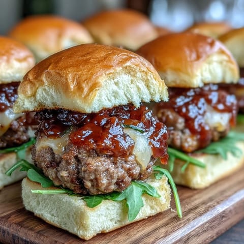 Juicy Peach Bourbon BBQ Meatloaf Sliders slathered in sweet, smoky sauce on soft buns.