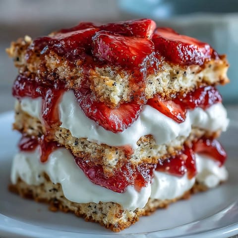 Black sesame strawberry shortcake piled high with glistening berries and cream.