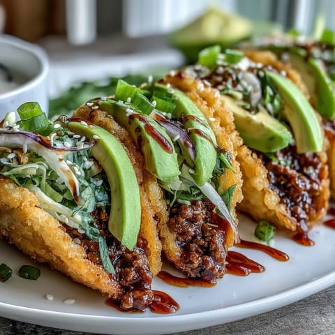 Crispy Rice Burger Tacos artfully arranged with fresh toppings and avocado slices.