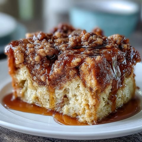 Cozy Apple Cider Donut French Toast Casserole drizzled with syrup, ready to serve.