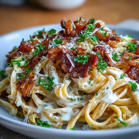 Golden sautéed cabbage and bacon complement this indulgent Alfredo pasta dish.