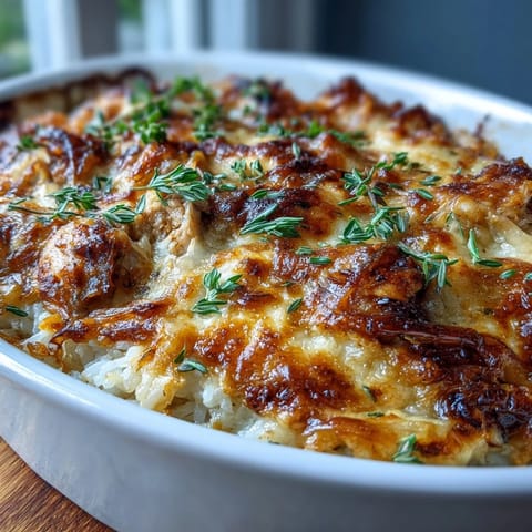 Golden French Onion Chicken Rice Bake bubbling with melted cheese.