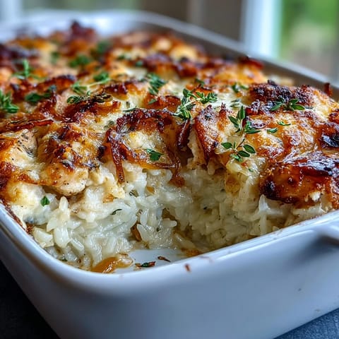 Comforting French Onion Chicken Rice Bake ready for dinner.