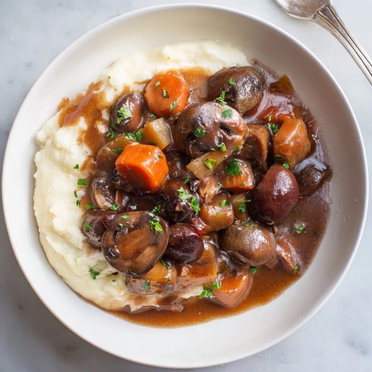 Fragrant, savory Rustic Mushroom and Shallot Stew steaming above fluffy root vegetables in a bowl.