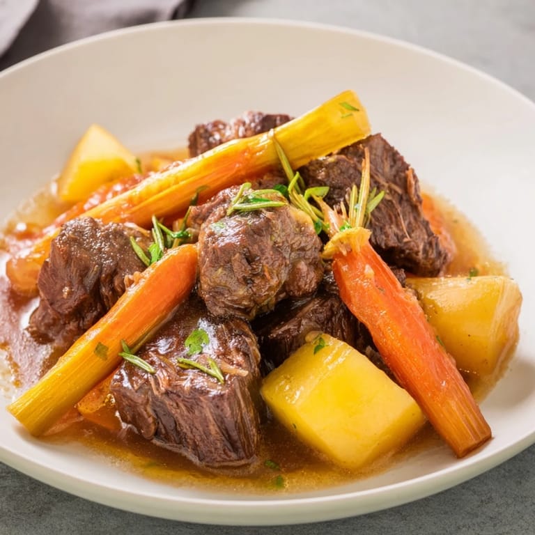 A close-up shot of rich, flavorful Instant Pot Beef Stew, showcasing tender beef chunks.