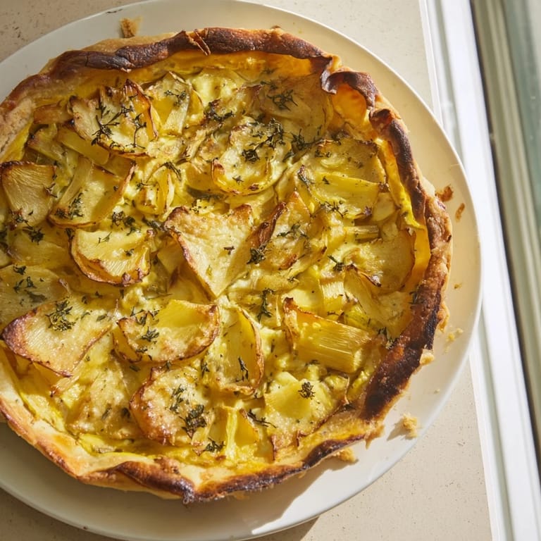 A close-up view of a flavorful potato crust quiche, showcasing the creamy filling.