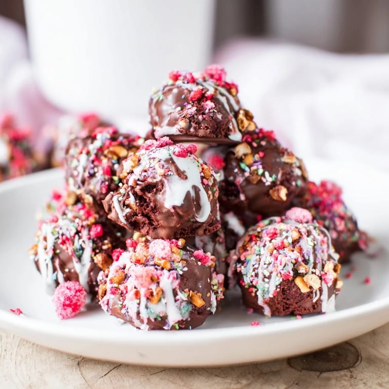 Miniature Chaos Chocolate Cake Bites with visible chocolate chips, a sweet and delicious dessert.