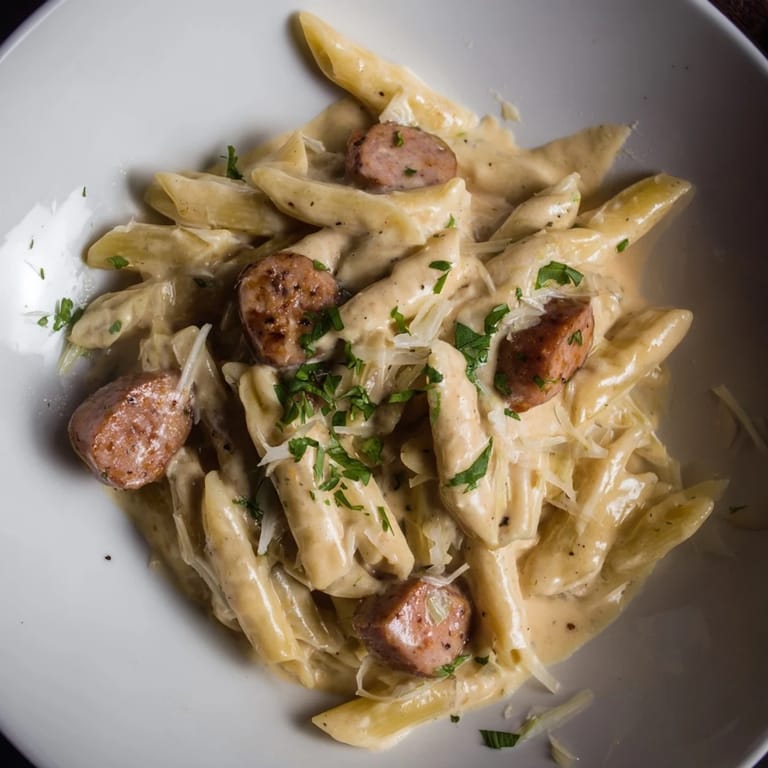 Delicious bowl of Smoked Sausage Cajun Alfredo; a flavorful pasta perfect for weeknight dinners.