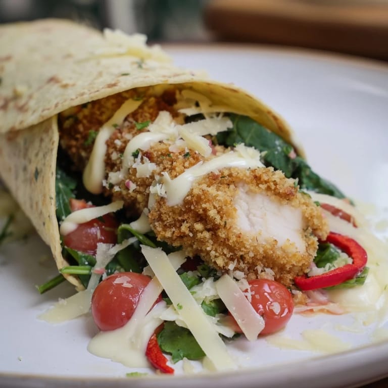 Freshly assembled Santa Hat Chicken Caesar Wrap, filled with juicy chicken and creamy Caesar dressing.