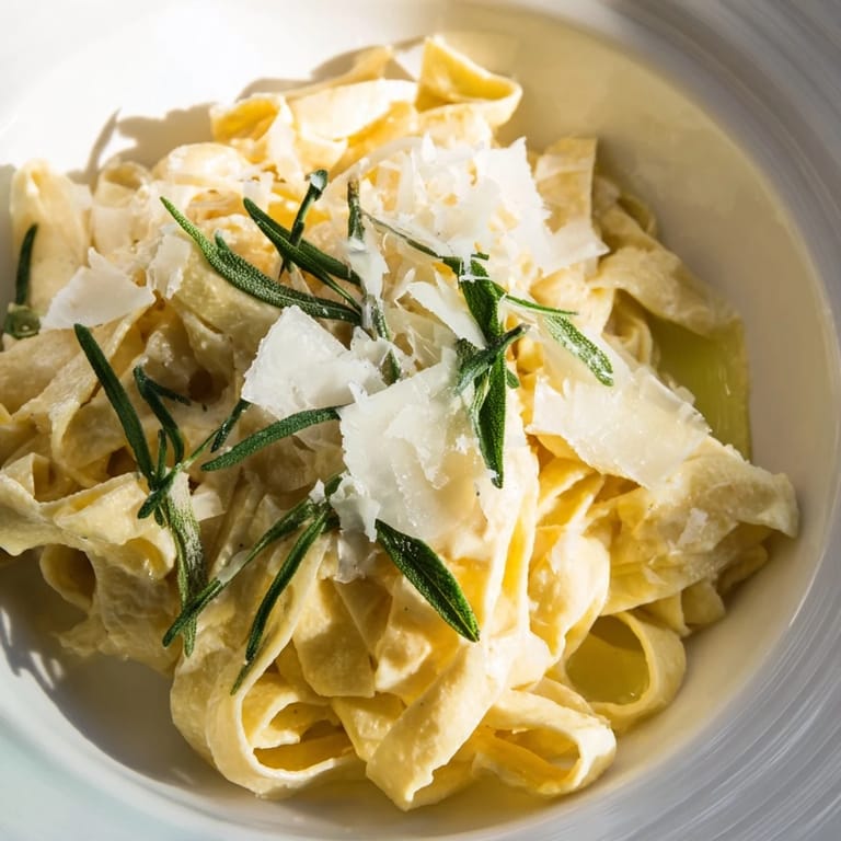 Delectable Healthy Creamy Pumpkin Sage Holiday Pasta: golden sauce coats the pasta, with fresh sage leaves as garnish.