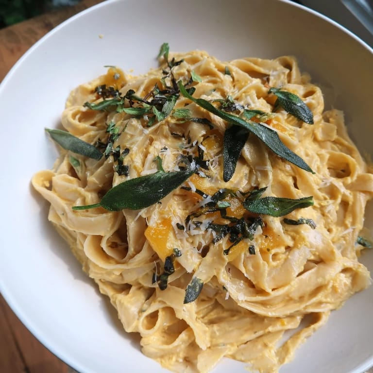 A delightful view of Healthy Creamy Pumpkin Sage Holiday Pasta, perfect for a cozy, flavorful fall meal.