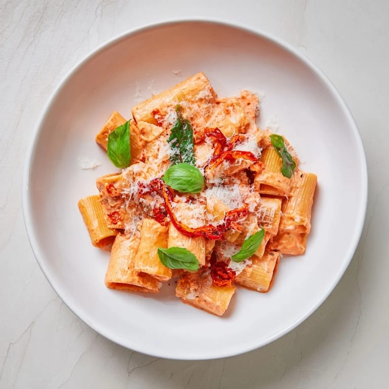 Delicious Lightened-Up Vodka Rosé Pasta, showing a generous serving with fresh basil and Parmesan cheese.