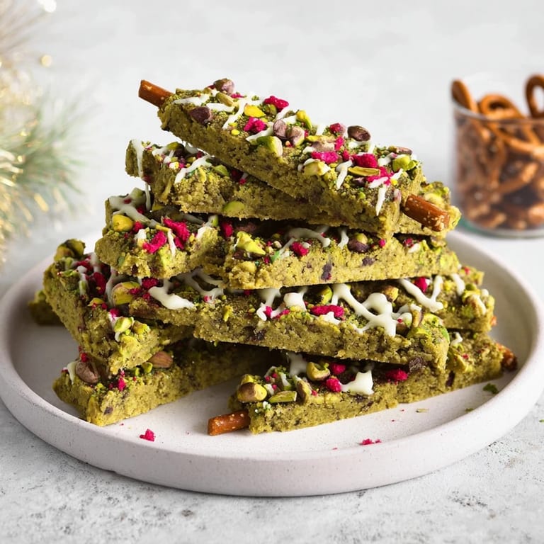 Warm Matcha Pistachio Christmas Tree Blondie Bars, golden baked blondies with vibrant green matcha and crunchy pistachios.