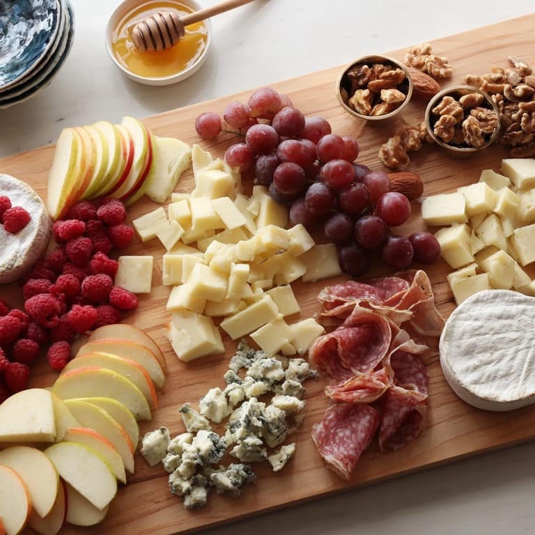 The sophisticated Lace & Pearls Elegant Board is laden with gourmet cheeses, crackers, and delicious fruit.