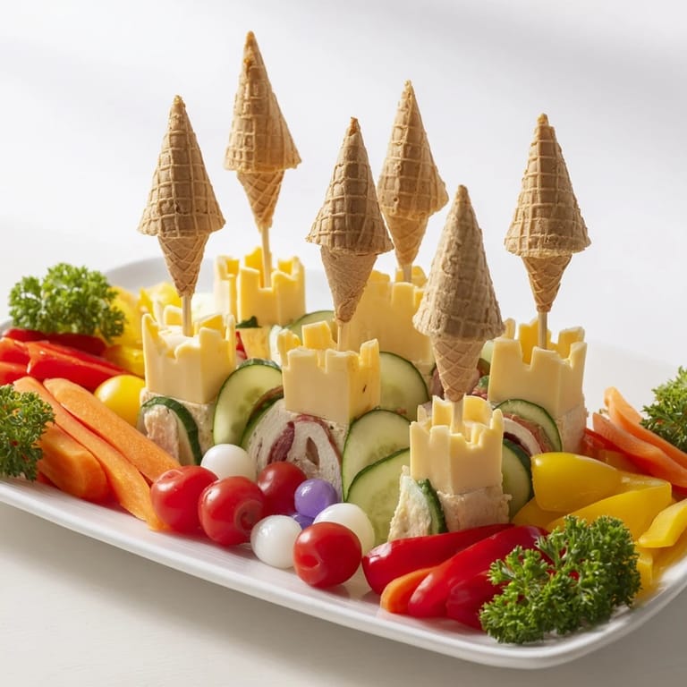 This vibrant Fairy Tale Castle Platter features a whimsical castle made of sandwiches and sweets!