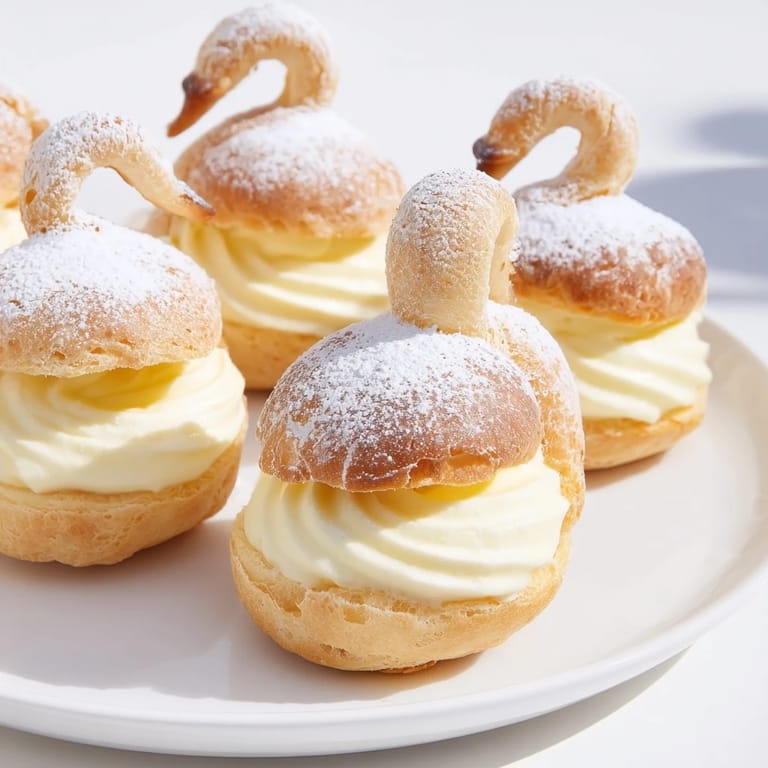 Delicate Feathered Friend Swan Pastry Platter, showing crispy pastry swans with smooth, chilled pastry filling.