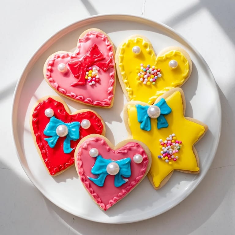 Freshly baked Pretty Bows Heart & Star Cookies, ready for gifting, feature sweet bow designs in vibrant hues.