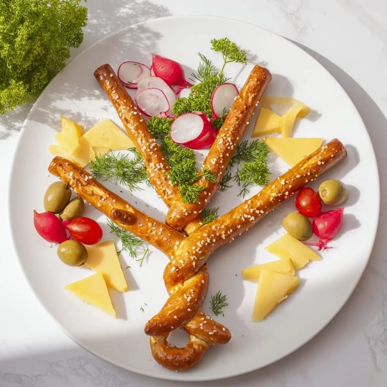 Close-up of a festive Bretzel Arbre de Vie platter, accented by colorful fresh vegetables and cured meats.