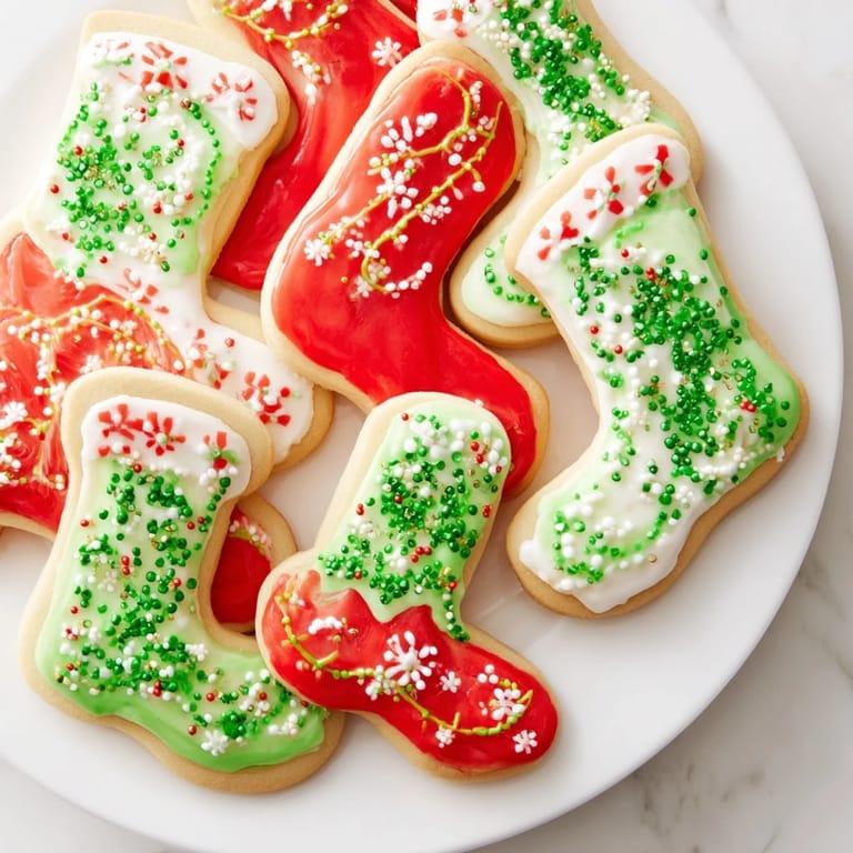 Freshly baked Christmas boot-shaped delights: buttery cookies with colorful icing and sprinkles.