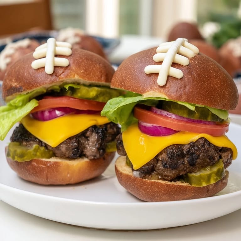 Juicy American football oval burgers, cheese melting over the patties, sit ready to be enjoyed with friends.