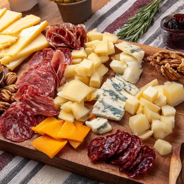 A delicious Winter Mountain Cheese Platter with rustic flavors, featuring sliced cheeses and meats arranged invitingly.