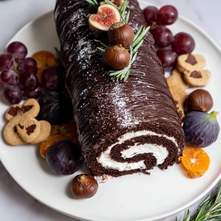 Deliciously arranged Winter Warmer dessert board features a chocolate fire log, candied fruit, perfect for sharing.