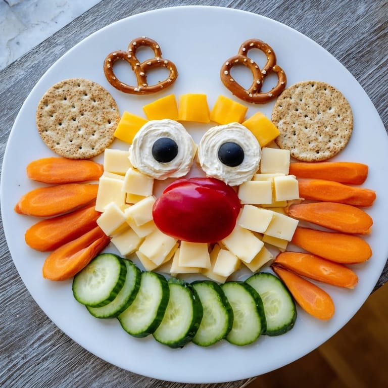 A close up shows the delicious Cheesy Reindeer Face Platter with crackers, cheese, and vegetable accents.