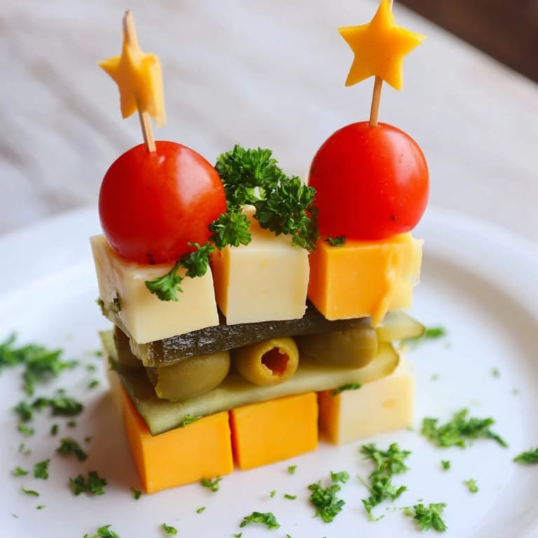 Delicious Festive Cube Cheese Stack appetizer: A close-up view of layered cheese cubes ready to eat.