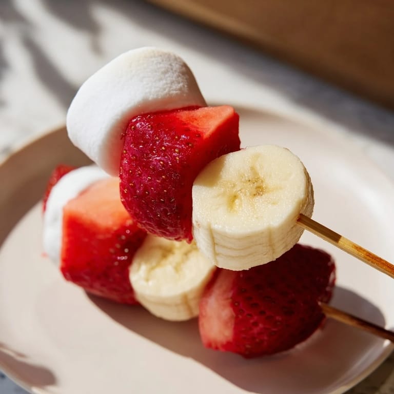 Sweet Strawberry Banana Santa Sticks recipe shows colorful fruit and marshmallows assembled for a snack.