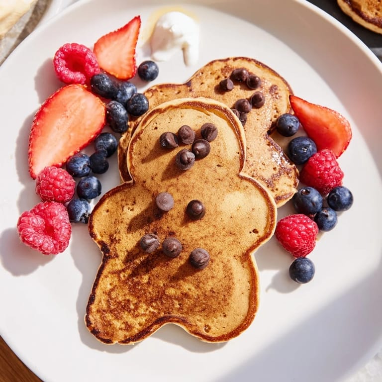 Homemade gingerbread man pancakes are artfully displayed on a Berry Board alongside yogurt and fresh fruit.