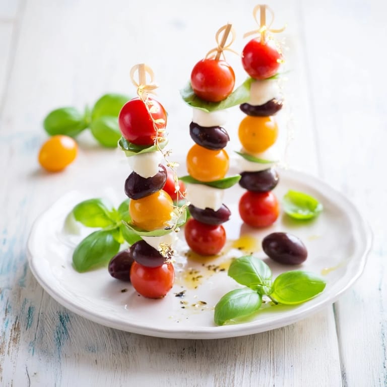 Delicious Christmas Lights Olive and Tomato Skewers, showcasing bright tomatoes and olives on skewers, drizzled with olive oil.