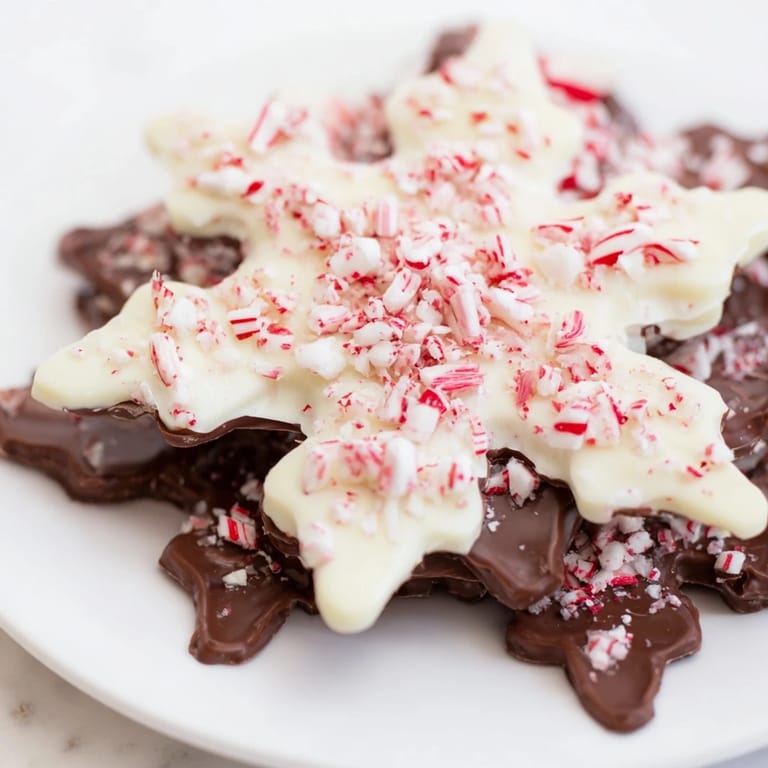 Irresistible Peppermint Bark Snowflakes: Sweet, minty, chocolate bark treats, ready to be enjoyed with holiday beverages.
