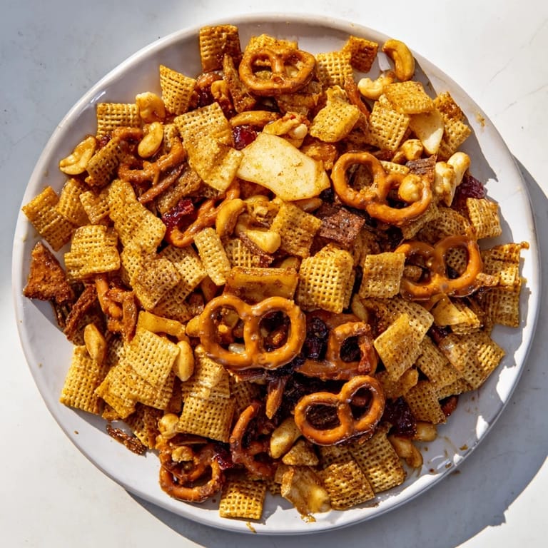A textured close-up of the flavorful Party Mix: Sparkling Cider Snack Mix, ready for easy snacking.