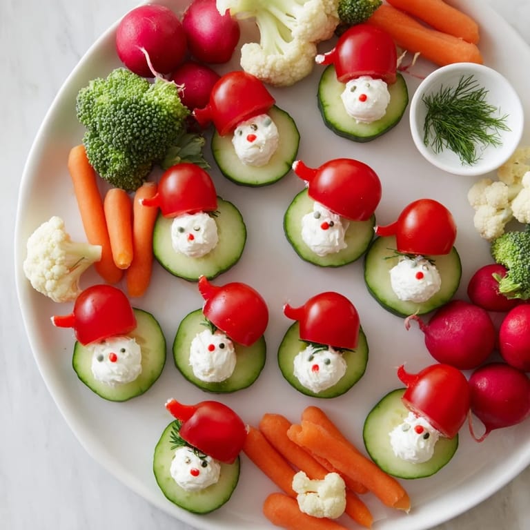 Enjoy this easy, vibrant Savory Crudités Platter featuring vegetable Santa hats and a creamy, herbed dip.