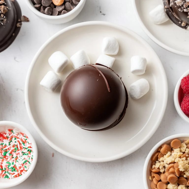 Imagine the rich chocolate shells melting into milk, revealing hot cocoa bomb magic and toppings.