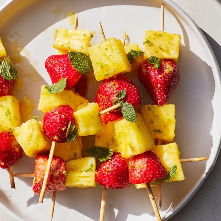 Wooden skewers brimming with juicy pineapple chunks and halved strawberries, ready to enjoy.