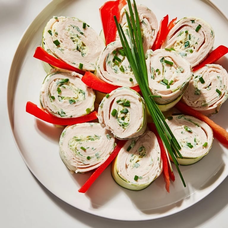 Vibrant photo of easy turkey roll-ups, with cucumber and red pepper slices inside, ready to eat.