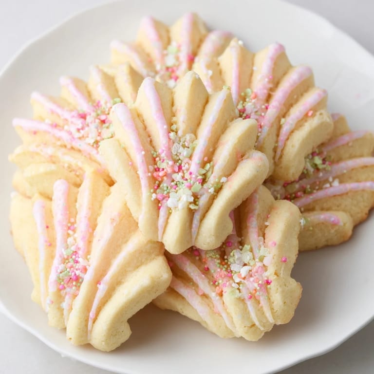 Buttery batch of freshly baked Spritz Cookies, sprinkled and arranged for a beautiful treat.