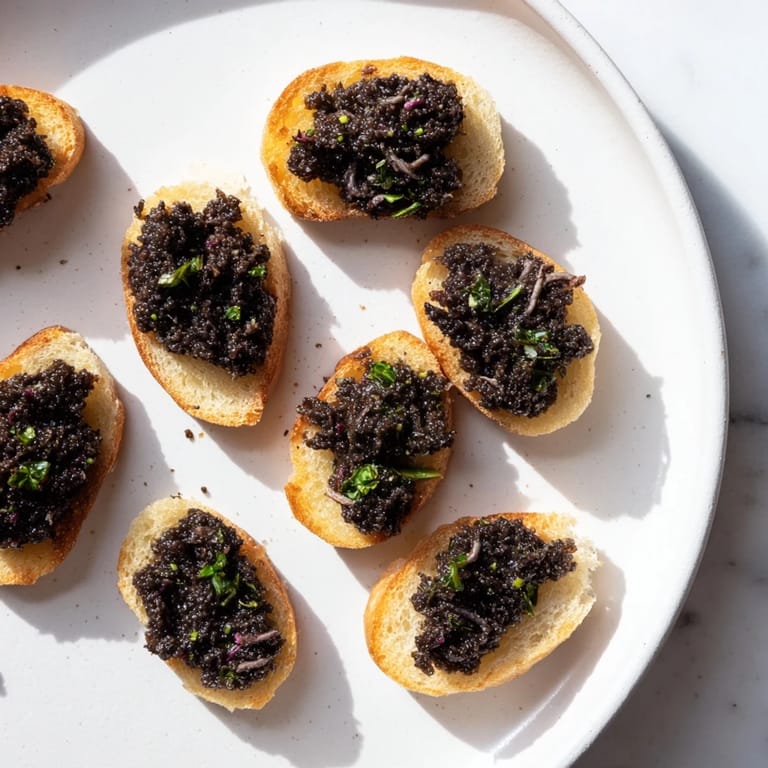 Delicious, coarsely chopped black olive tapenade, speckled with herbs, ready to spread on toasted crostini.