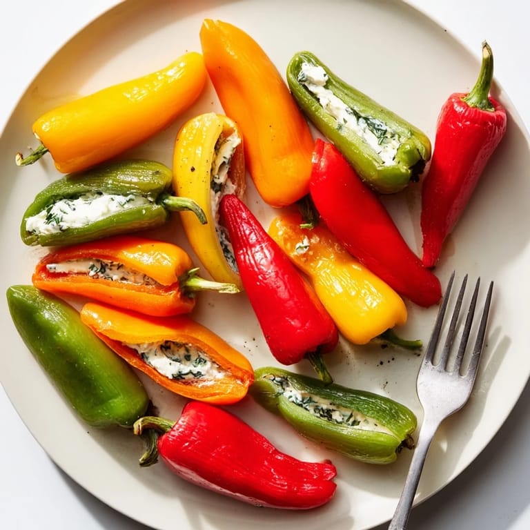 Close-up of appetizer: Plump mini bell peppers overflowing with herbaceous feta filling, served cold.
