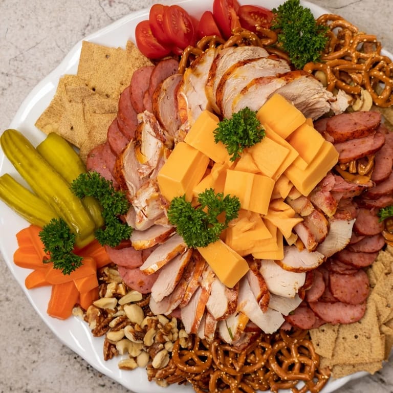 Layers of savory meats, cheeses, and veggies create a mouthwatering Tailgate Party Power Stack for easy snacking.