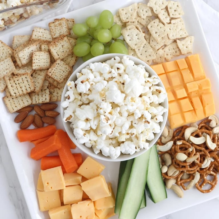 A bountiful selection on this Movie Night Munchie Board, showcasing cheese, pretzels, and fresh grapes, ready to share.