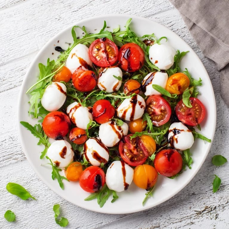 Bright and colorful, The Pearly Strand salad shows a delicious Caprese-style arrangement with fresh ingredients.