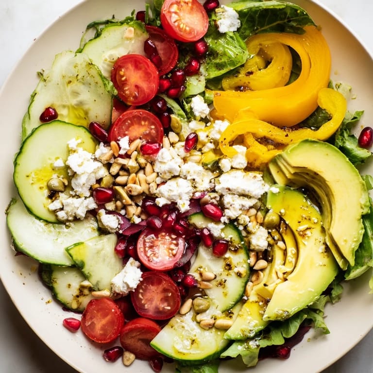 The Golden Ratio Salad beautifully showcases arranged vegetables, creamy feta, and toasted nuts, awaiting your fork.